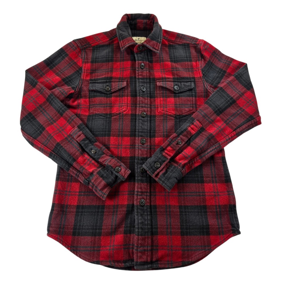 American Eagle Mens XS Seriously Soft Flannel Shirt Red Grey Plaid Button Up